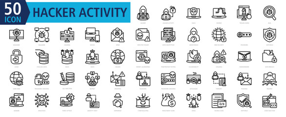 HACKER ACTIVITY ICONSET OUTLINE STYLE with hacker,hacker activity,hack,worms,trojan horse,bug,malware,malware,hacking,device