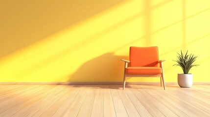 A minimalist interior featuring an orange chair, a potted plant, and a bright yellow wall, illuminated by natural light.