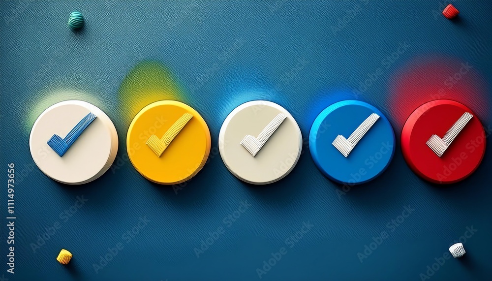 Poster a vibrant arrangement of colorful checkmark buttons on a blue background, symbolizing completion and