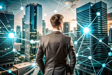 Fototapeta premium Business man on future network city