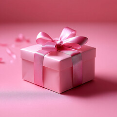 Obraz premium Elegant pink gift box with satin ribbon on a pastel pink surface, perfect for Valentine's Day, anniversaries, or holiday gifting. Creates a cheerful atmosphere.