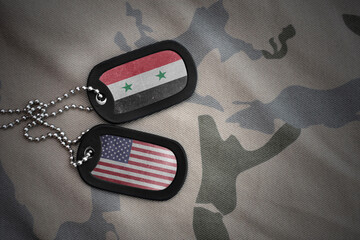 army blank, dog tag with national flag of syria and united states of america on the khaki texture...