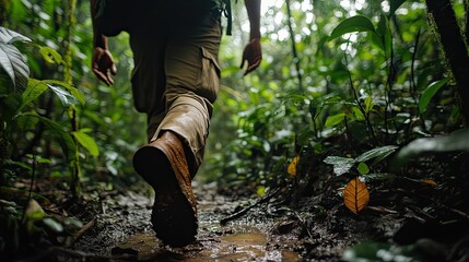 Person Hiking Through Lush Tropical Rainforest Mud