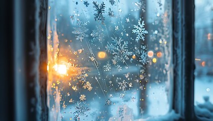 Fototapeta premium frosty window with snowflakes outside and warm glow inside