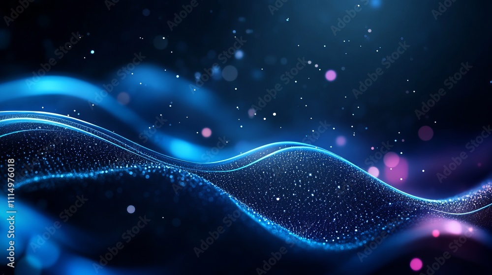 Poster abstract wave patterns with blue light and glittering particles