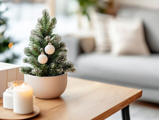 A small decorated Christmas tree in a modern pot placed on a wooden table with lit candles in a cozy living room.