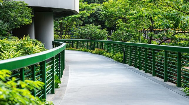 A serene, green walkway surrounded by lush foliage, featuring a smooth path and modern railing, inviting a peaceful stroll through nature.