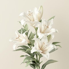 Close up of delicate white lilies with green leaves, art, watercolor, close up, botanical