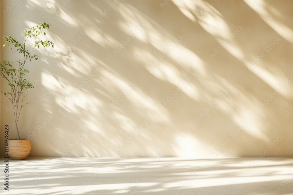 Poster minimalist room interior with warm lighting creating abstract patterns and shadows on beige walls fo