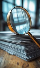Magnifying Glass over Stack of Papers in Office Symbolizing Detailed Examination and Investigation with Blurred Background