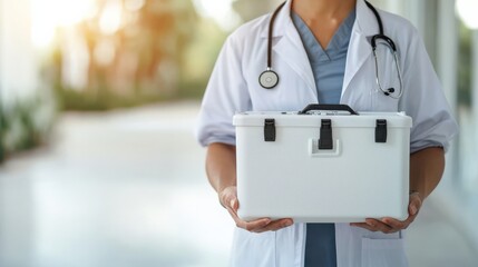 A medical professional holds a white cooler box, symbolizing health care and patient care in a clinical setting.