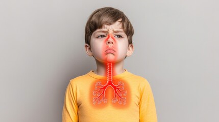 A young boy shows discomfort with highlighted lungs, illustrating respiratory issues or health awareness.
