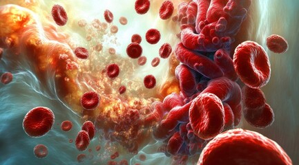 Artistic Representation of Human Circulatory System with Red Blood Cells and Pathogens in Surrealistic Style