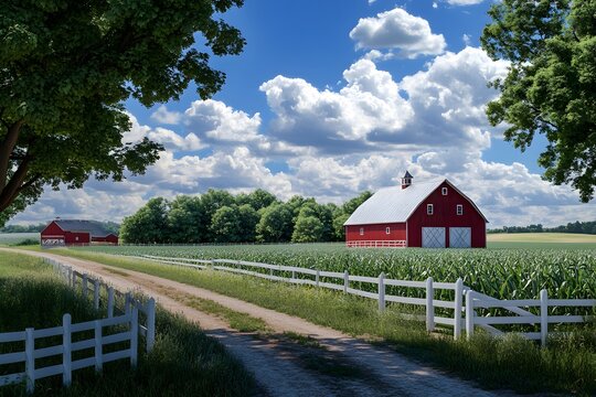 Scenic farm landscape featuring red barns and lush greenery.