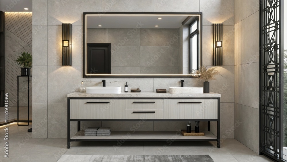 Aufkleber illuminated by sleek angular sconces the mirror above the vanity reflects an elegant blend of concre