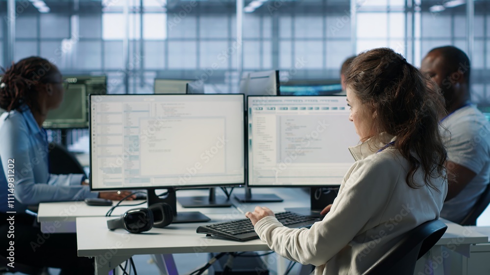 Poster system admin working in diverse computer network security data center workplace, ensuring optimal pe