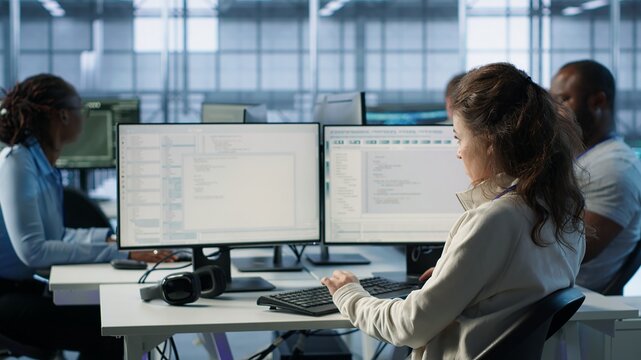 System admin working in diverse computer network security data center workplace, ensuring optimal performance. Worker monitoring energy consumption across server racks, camera A