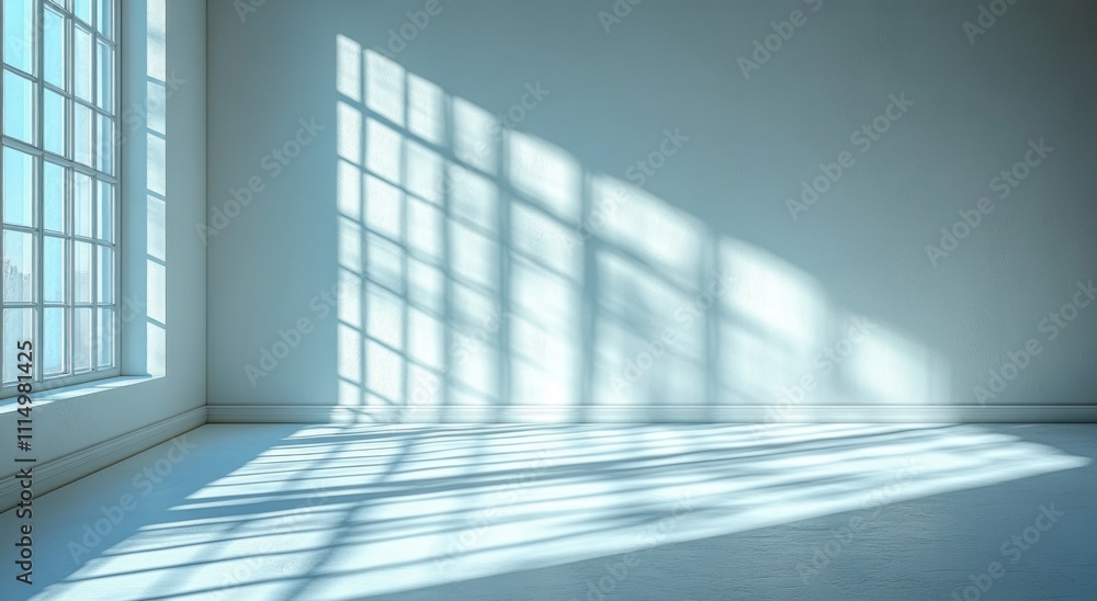 Poster minimalist soft light stream through window creating gentle shadows on white plaster wall