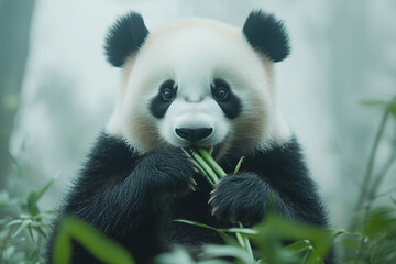 Fototapeta premium A calm panda sitting, eating bamboo, in the center of a pure white background, soft minimalistic shading