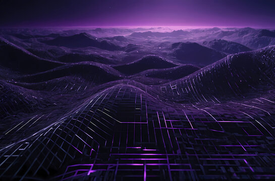 A purple mountain range with a city in the distance