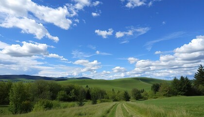 Fototapeta premium Rolling Green Hills Under a Blue Sky with Fluffy Clouds