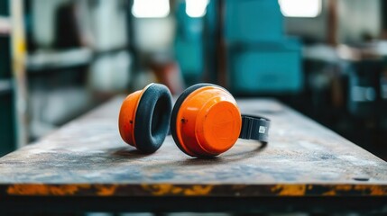 bright orange earmuffs resting on a workbench, symbolizing safety in a construction environment, highlighting the importance of protective gear
