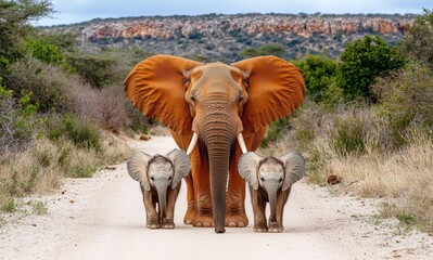minimal photostock of a  A herd of elephants with baby calves approaches us