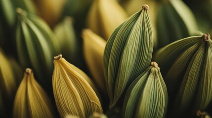 Obraz premium close-up of green and yellow cardamom pods, showcasing their unique shapes and textures against a subtle background, emphasizing their aromatic essence and culinary importance