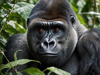 Obraz premium Western Gorilla Portrait Amidst Lush Green Foliage