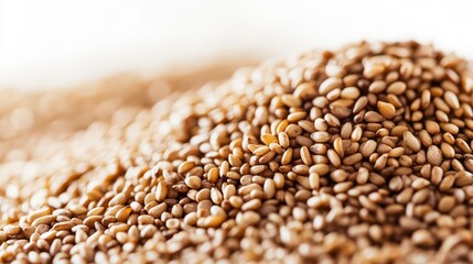 Obraz premium close-up shot of sesame seeds isolated against a white background, showcasing their texture and detail, perfect for culinary or health-related contexts