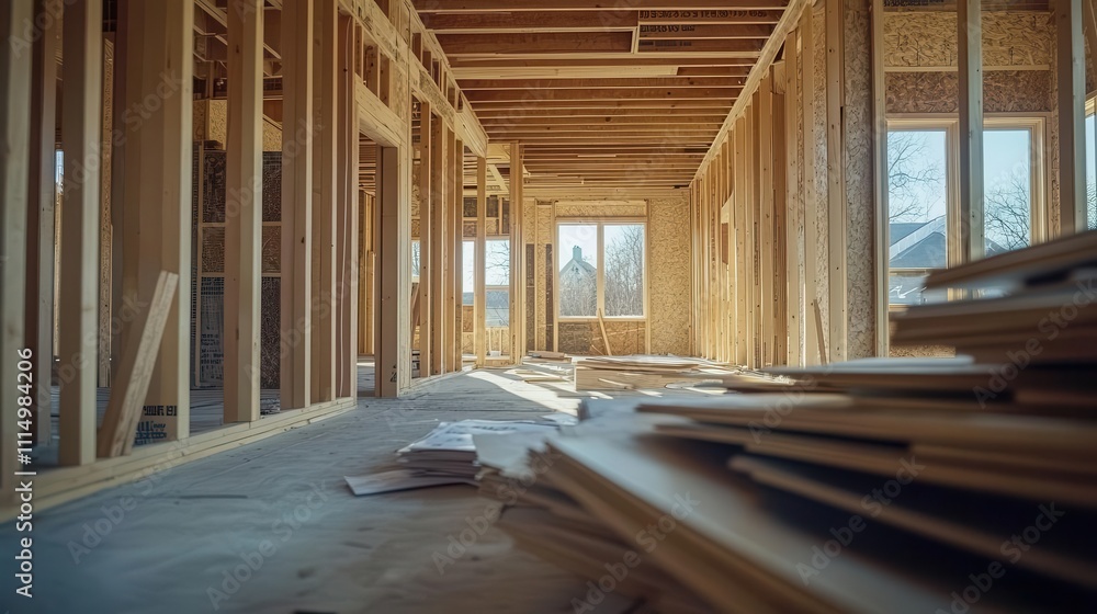 Aufkleber construction site of a house in progress, displaying blueprints and building materials, symbolizing 