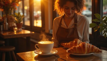 Enjoying morning coffee and croissants cozy kitchen lifestyle photography sunlit space close-up view daily ritual