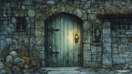 Fototapeta premium A weathered stone building with a large wooden door and lantern, suggesting mystery.