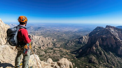 Obraz premium A climber gazes at a vast landscape from a mountain summit, showcasing adventure and nature.