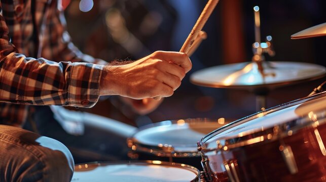 Closeup of a drummers dynamic rhythm, hands and sticks moving in perfect synchrony  ,close-up