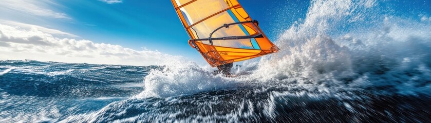 Obraz premium A dynamic windsurfing scene with vibrant sails amidst crashing waves and a bright sky.
