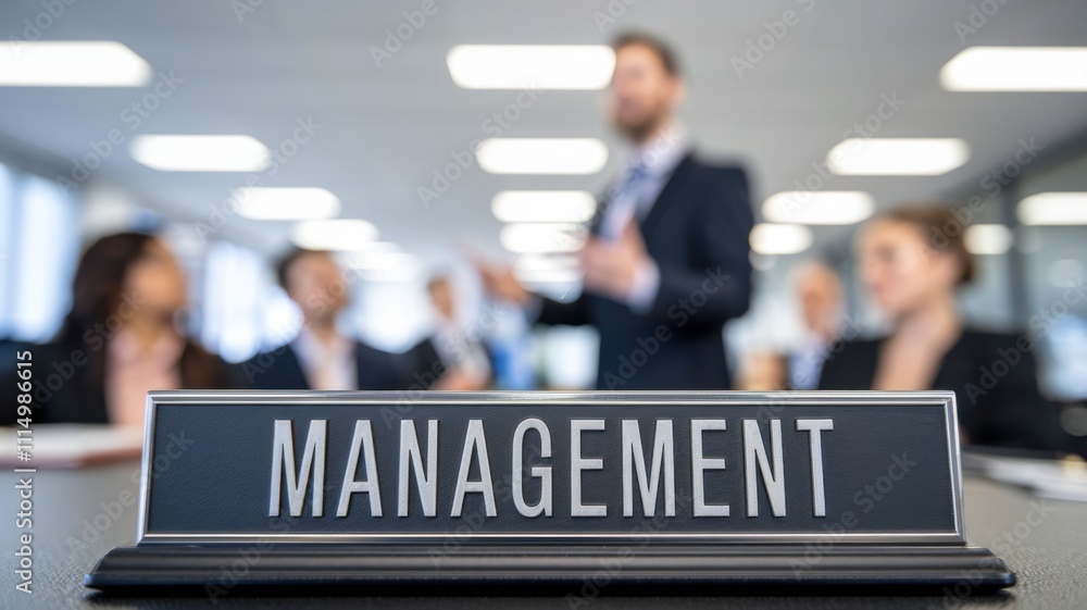 Poster a management desk sign in an office setting with a blurred presentation in the background.