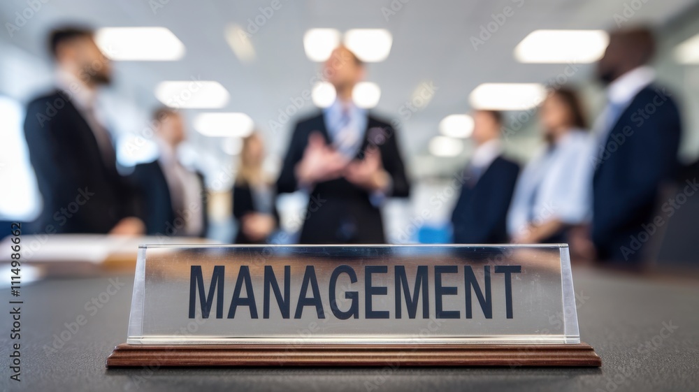 Poster a management sign in a business setting with professionals discussing in the background.