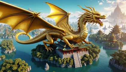Obraz premium A majestic golden dragon perches atop a temple surrounded by lush landscapes and tranquil waters, evoking a sense of fantasy and adventure.