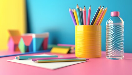 Fototapeta premium Colorful Pencils and Water Bottle on Desk, Bright Background, Stationery Supplies for Drawing and Creativity