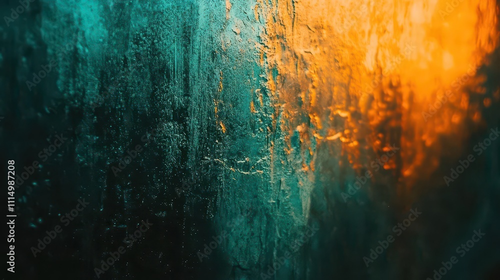 Poster dark textured background with a blurred color gradient in teal and orange, creating a dynamic visual