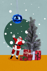 Vertical photo collage of happy old man dance new year tree bell decor celebration present box xmas...