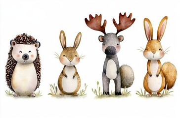 minimal photostock of a  Cute watercolor bohemian baby cartoon rabbit and bear animal for kindergarten, woodland deer, fox and owl nursery isolated bunny forest illustration for ch