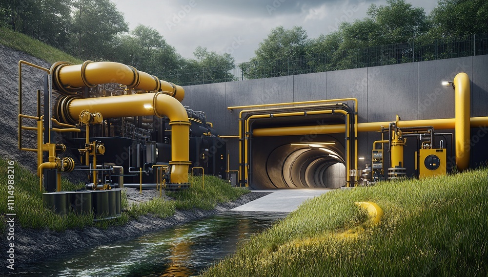 Poster exploring underground infrastructure: pipeline system and tunnel entrance with lush greenery