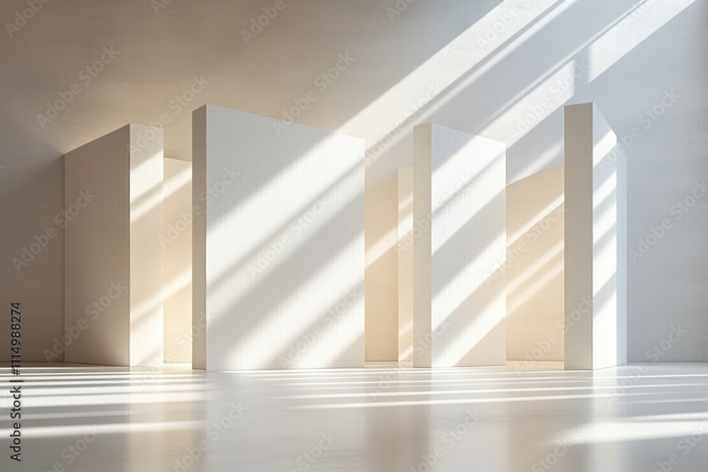 Poster minimalist architectural scene with abstract white forms and soft diffused sunlight