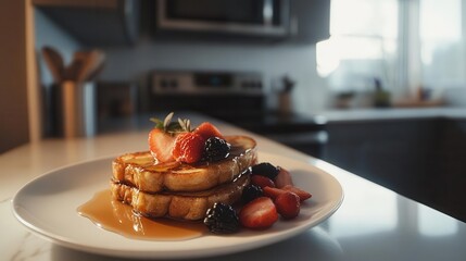 delicious buttermilk french toast elegantly presented on a white plate in a modern kitchen, with fresh fruits and syrup, inviting a sense of indulgence and culinary delight