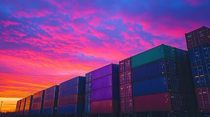 Fototapeta premium Vibrant Sunset over Colorful Shipping Containers Global Trade Logistics