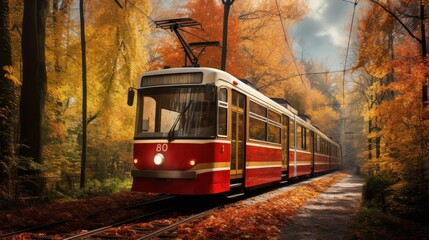 Obraz premium A scenic view of a tram traveling through a picturesque autumn forest with a canopy of colorful leaves overhead and fallen leaves carpeting the ground