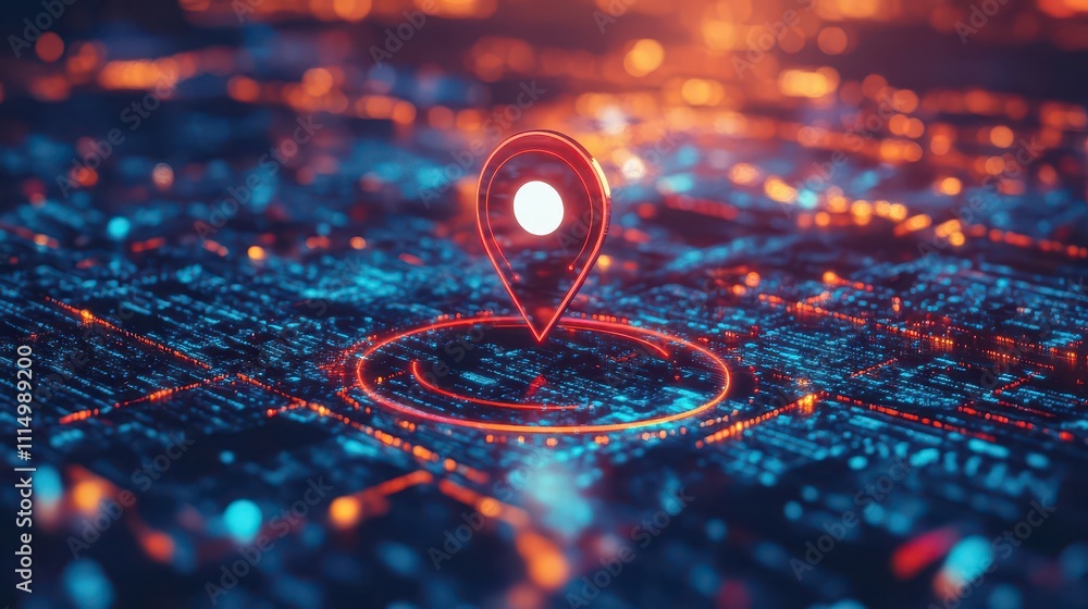 Poster digital illustration of a map with gps location pin, highlighting online search and navigation capab