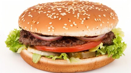 Beef Hamburger in Restaurant with Toppings and Bun, Served on a Plate, Ready for Customers to Enjoy a Tasty Meal